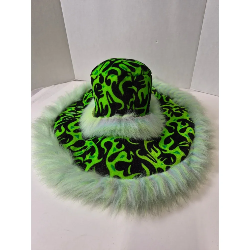 Neon Green Black Flame Print Wide Brim Hat Faux Fur Trim Festival Rave Halloween
